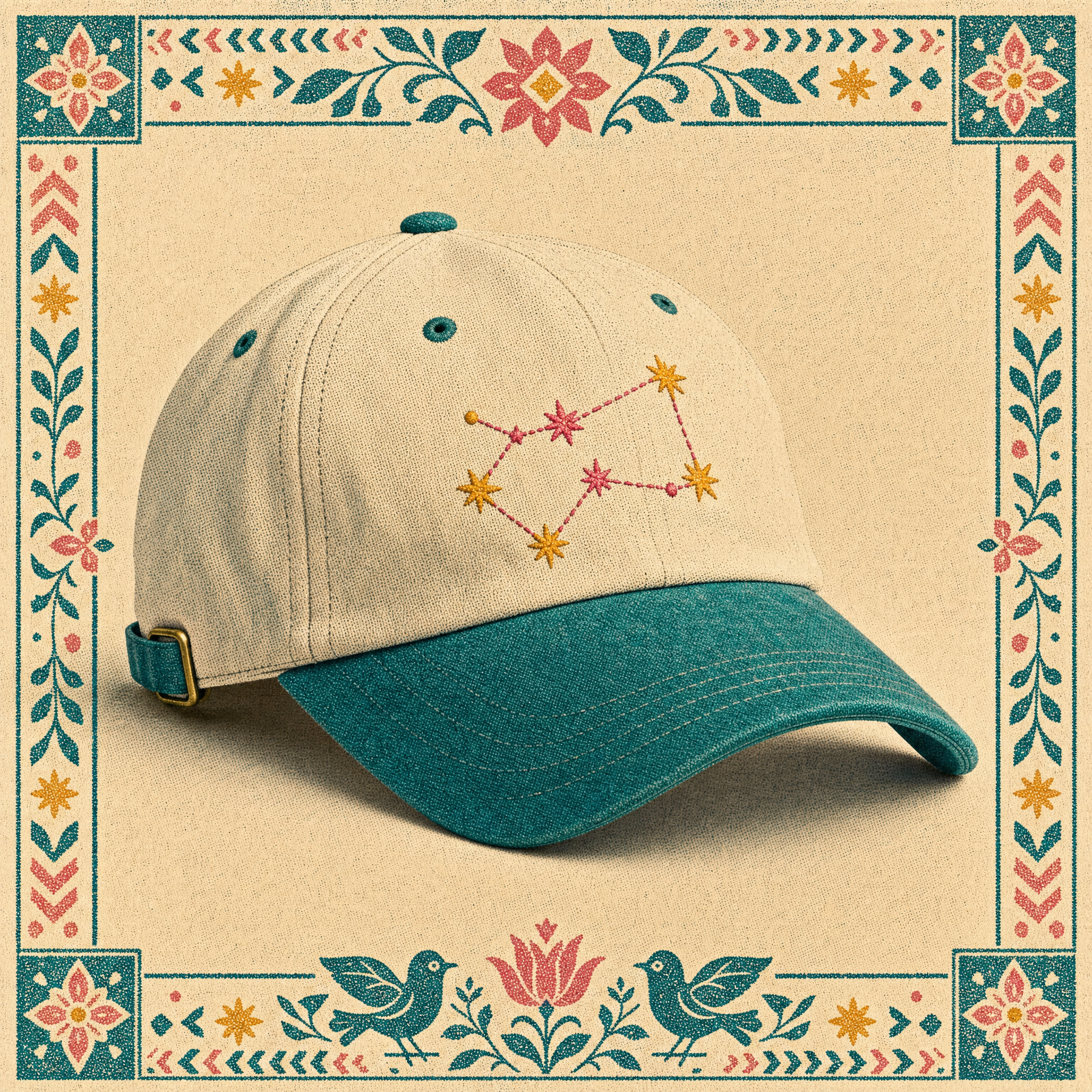 Folk Constellation Cap — cream and teal six-panel dad cap with an embroidered star-thread constellation