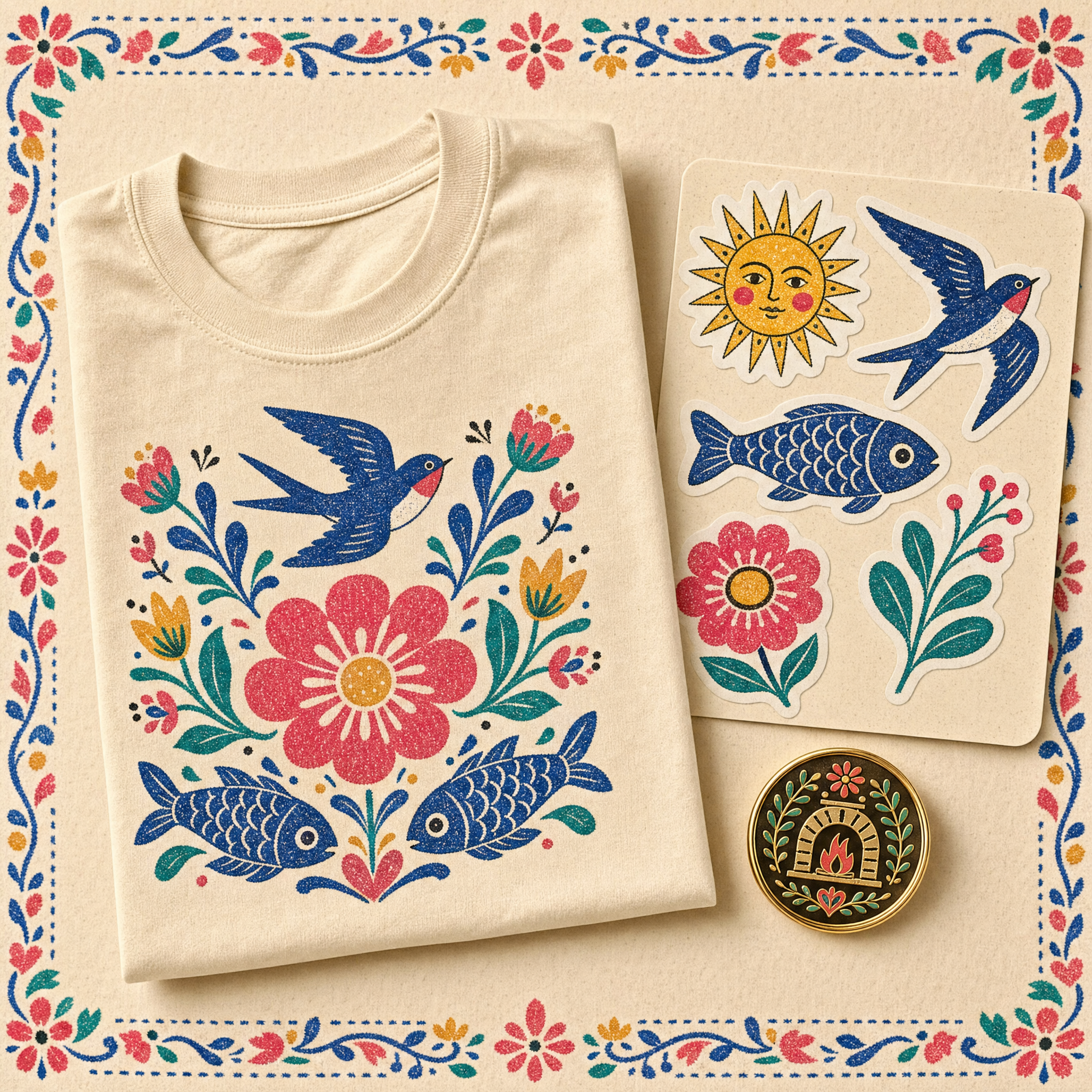 Genesis Commons Kit Bundle — flat-lay of the folk-print tee, sticker sheet, and gold hearth enamel pin