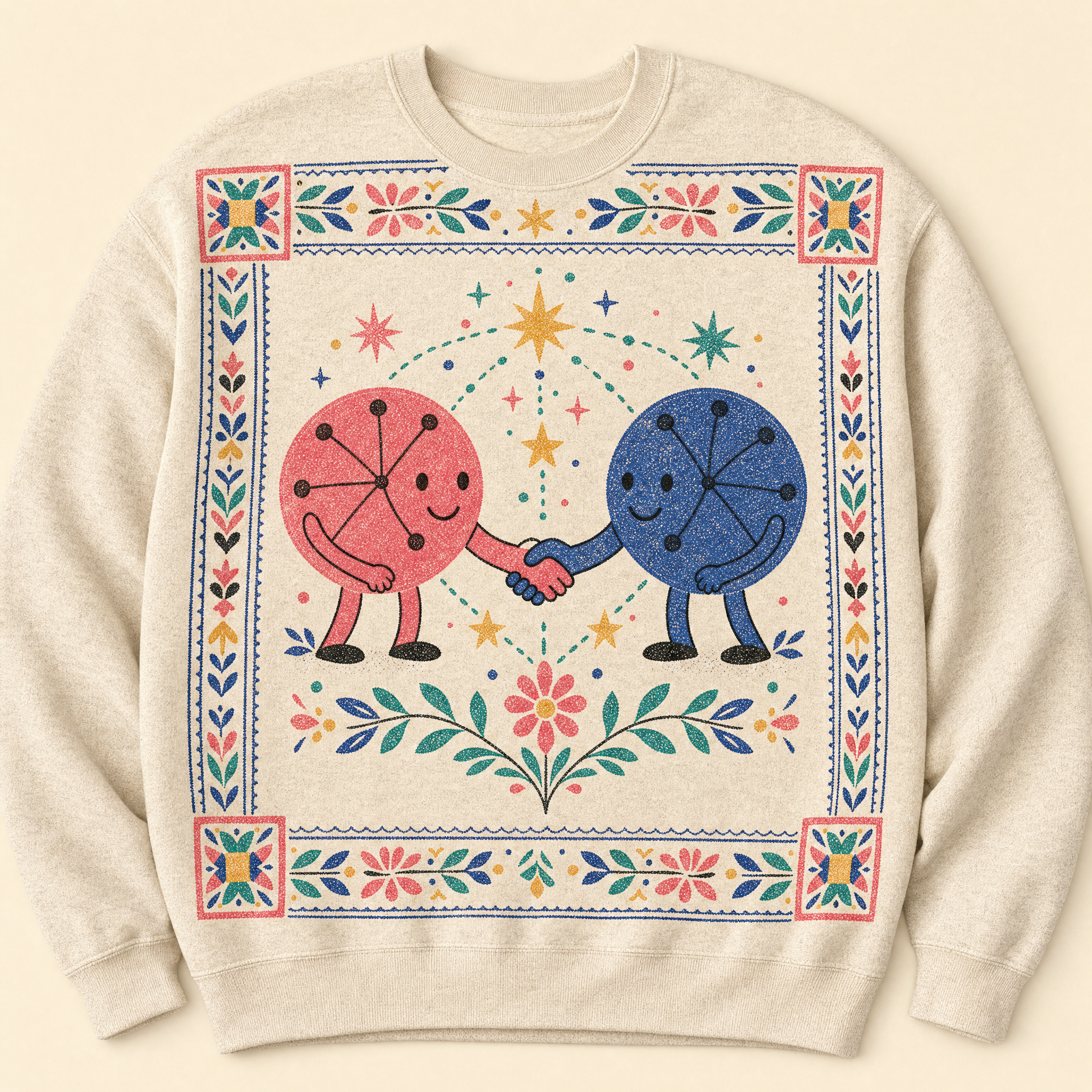 Peer-to-Peer Crewneck — oatmeal sweatshirt with two folk nodes shaking hands across the chest