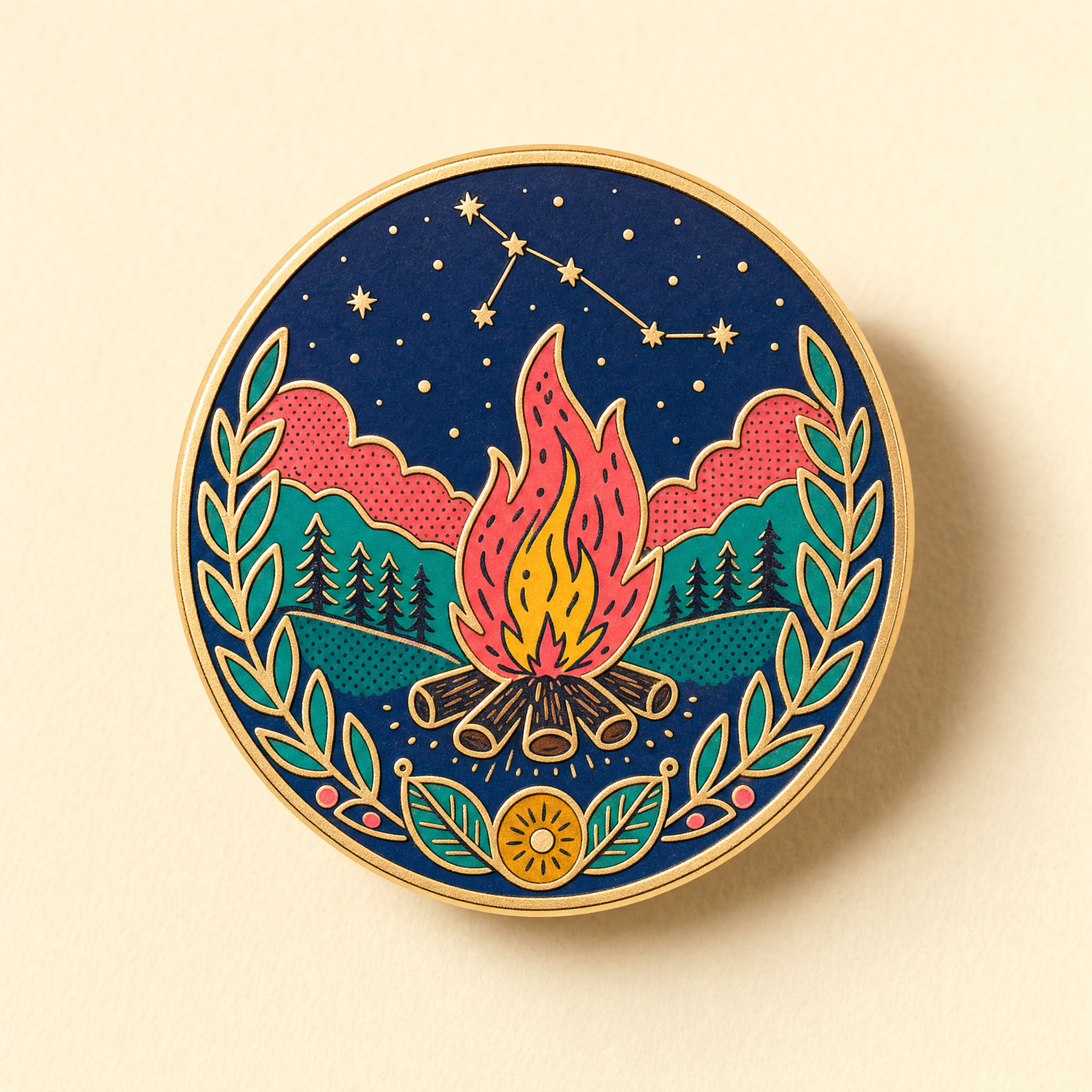 Founder's Pin — numbered first-100 hard-enamel pin of a folk hearth and constellation with a gold rim