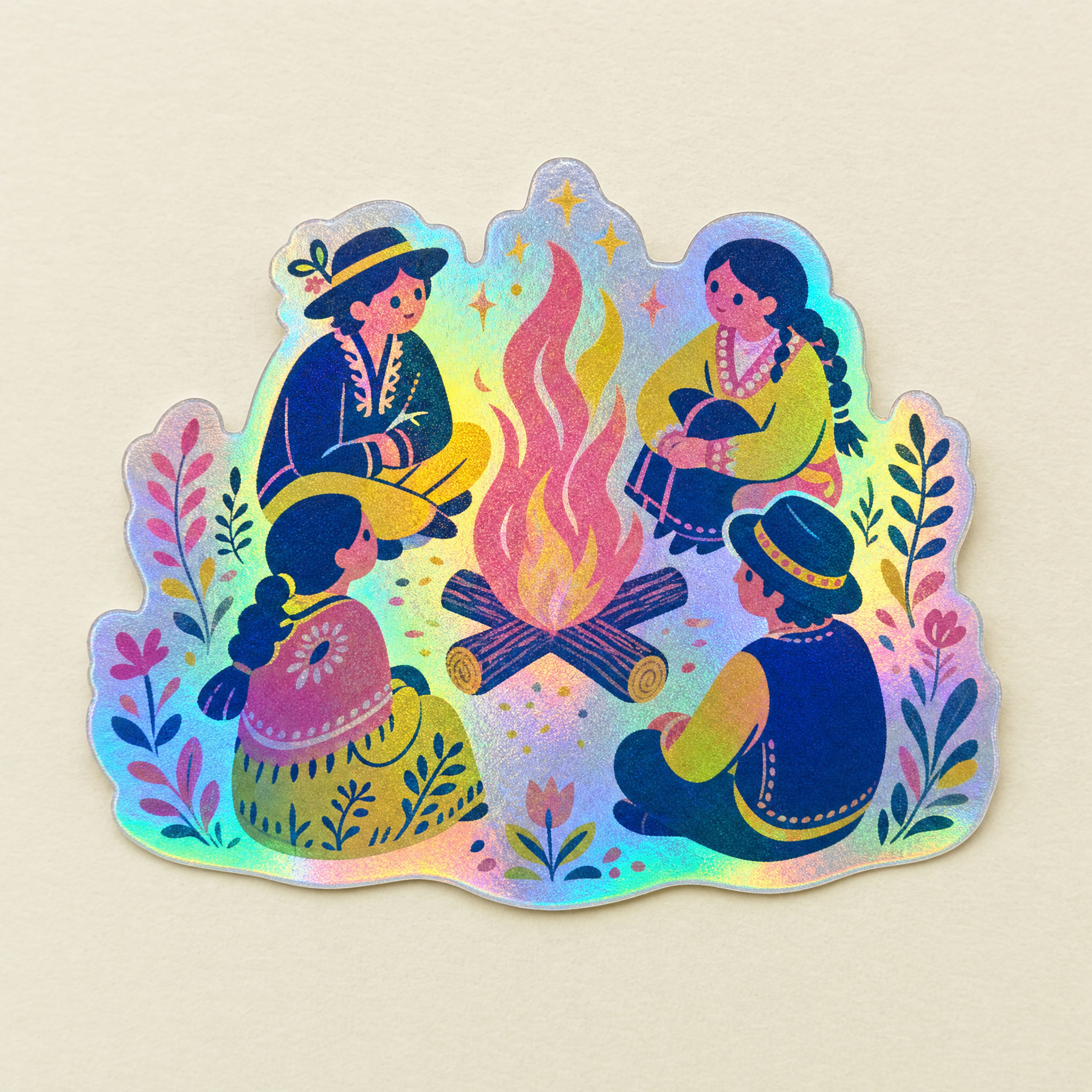 Holofoil single sticker — die-cut rainbow-foil folk campfire-and-gathered-folk