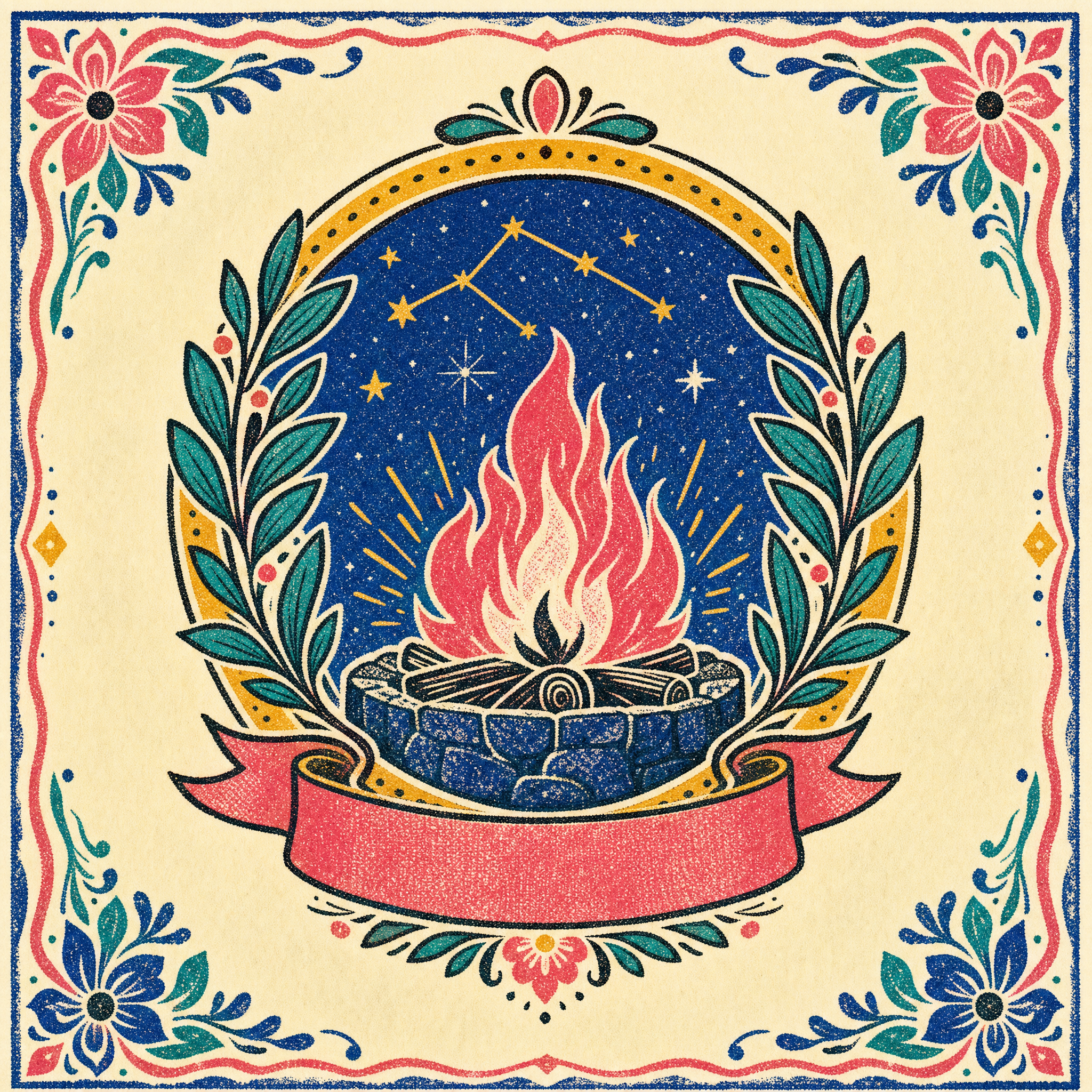 $LORE Holder Badge — folk crest emblem of a glowing hearth in a laurel with a constellation and ribbon