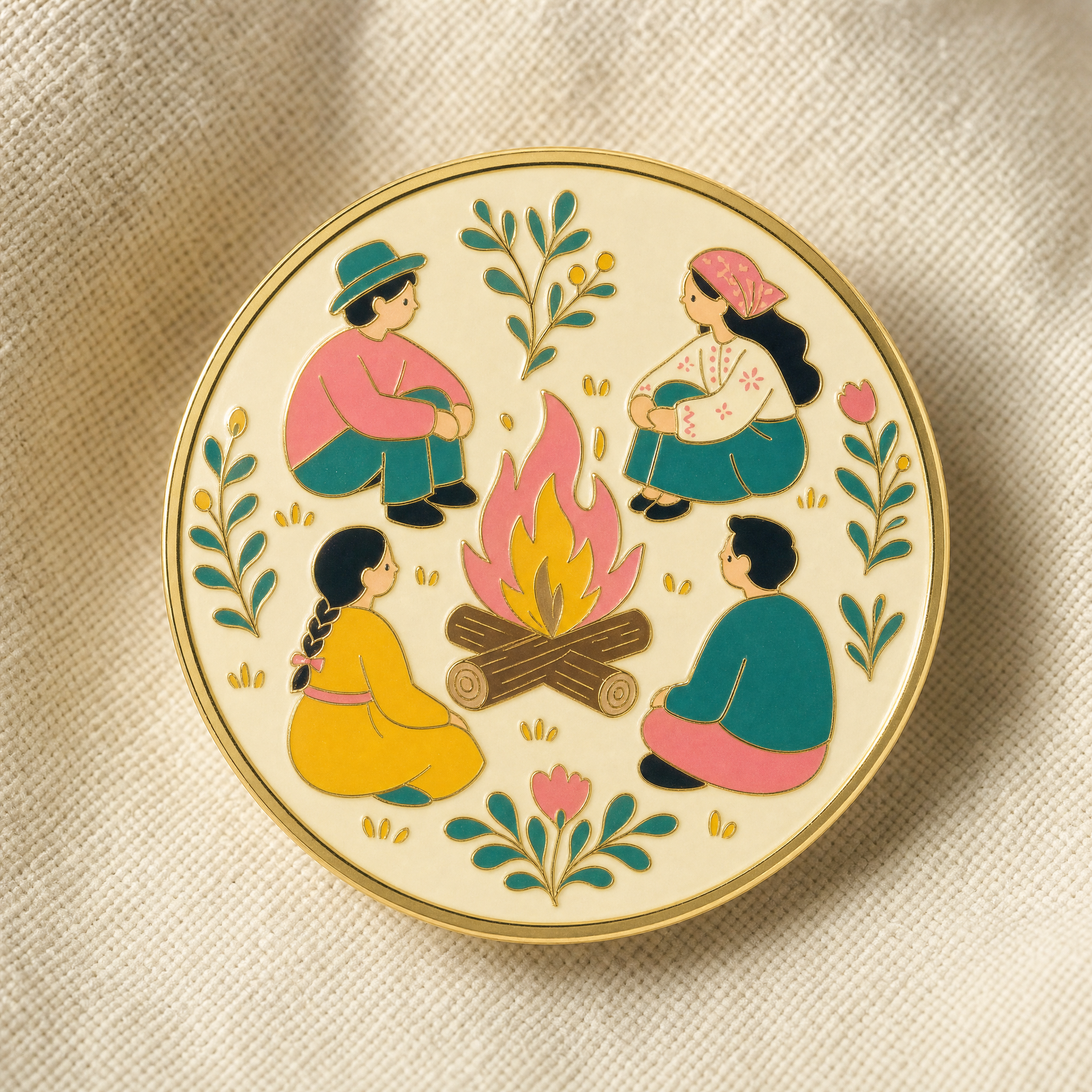 The Hearth enamel pin — folk-pop speech-bubble, hard enamel, gold edges