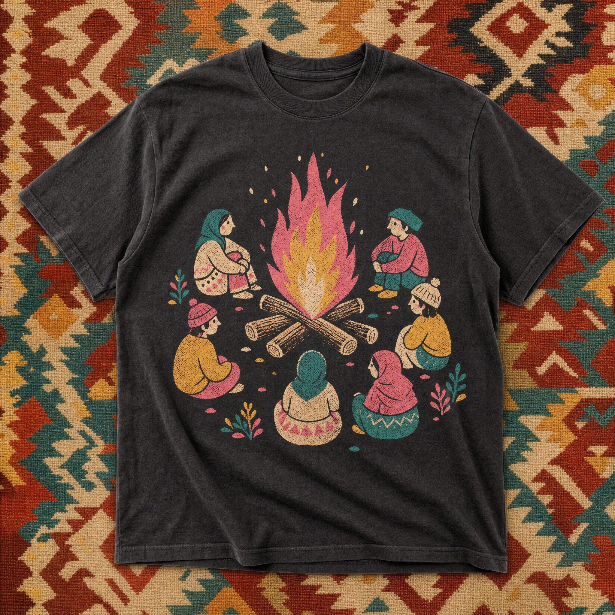 Never-Research-Twice tee — folk-pop speech-bubble print on charcoal cotton