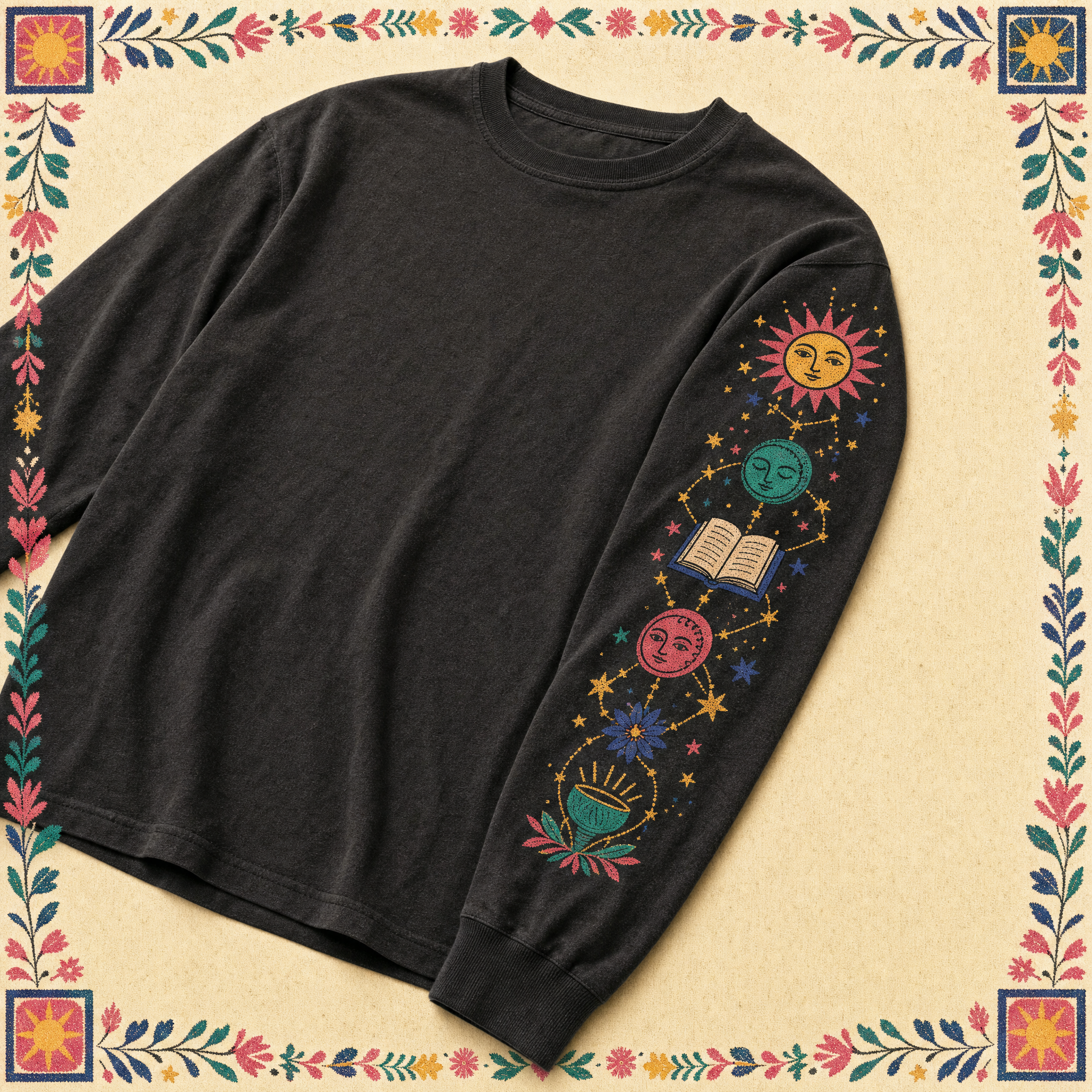Network-Before-Web long-sleeve — charcoal shirt with a folk knowledge-graph motif down the sleeve