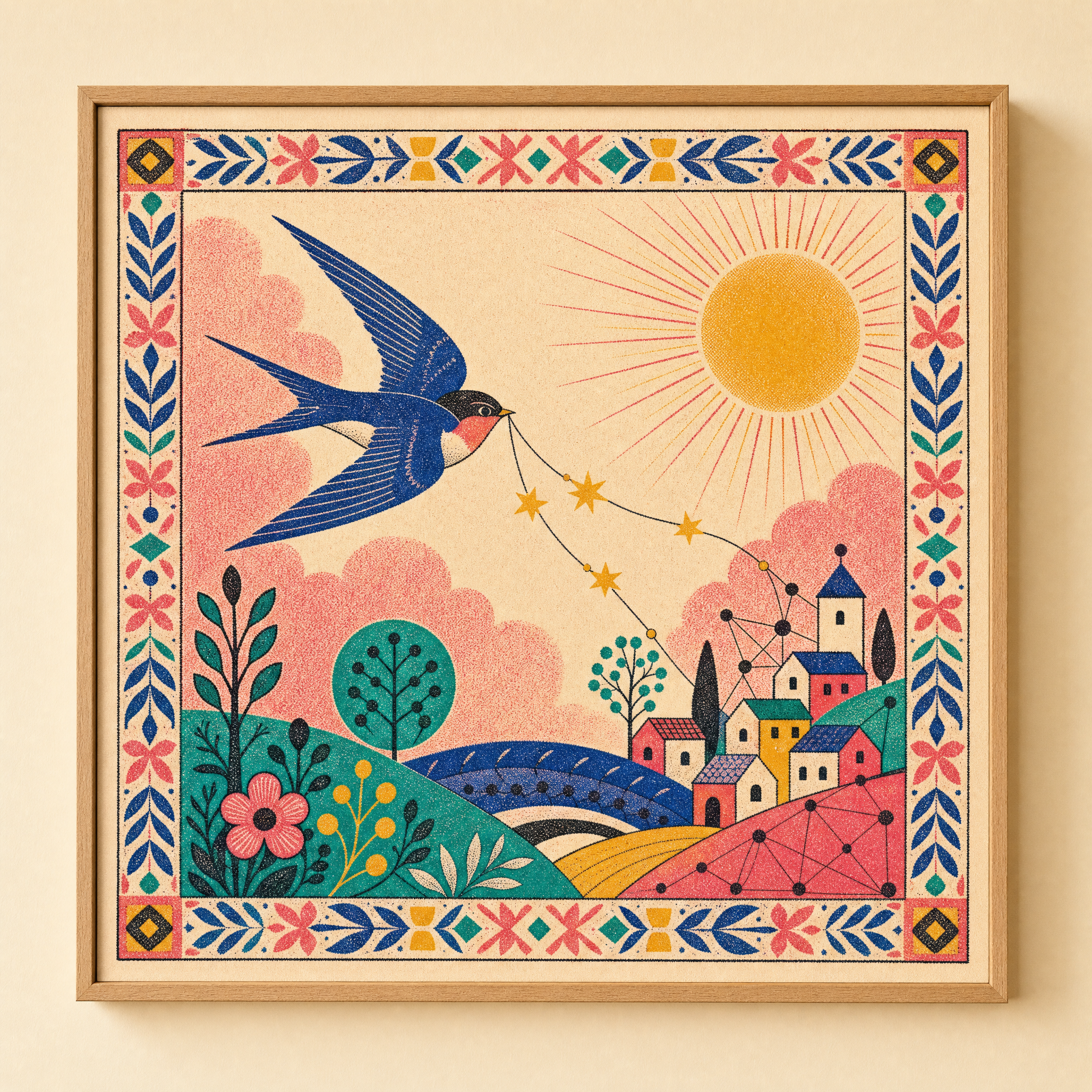 Network Before Web poster — folk-pop framed print of a swallow carrying star-thread from the sun to a village of nodes