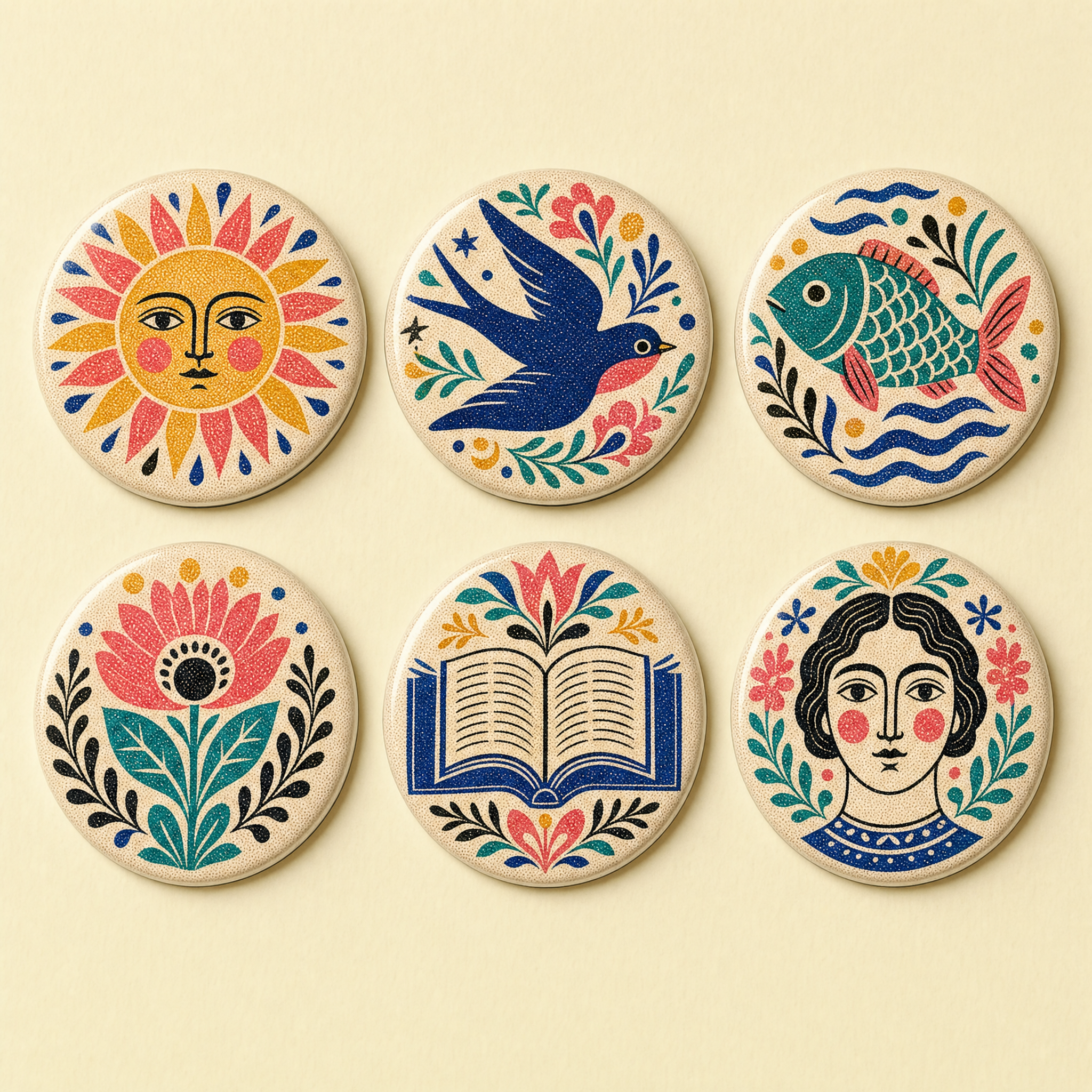 Node Magnet Set — six round folk story-node magnets: sun, swallow, fish, flower, book, and the teller
