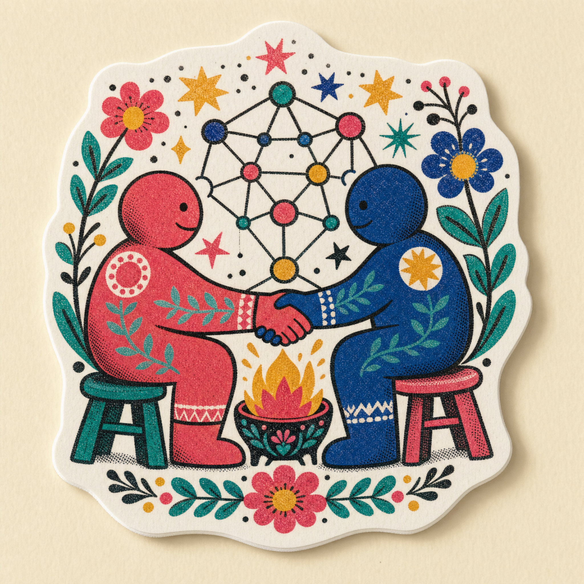 Peers First slap sticker — bold folk badge of two nodes shaking hands over a hearth